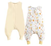 WYTbaby Sacco a pelo con piedi, 1,0 Tog, confezione da 2 pezzi, sacco a pelo per bambini, 100% cotone, senza maniche, per tutto l'anno, per ragazzi e ragazze, giallo + orso, 90 cm (confezione da 2)