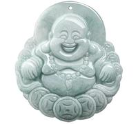 Wyvix Ciondolo Buddha che ride in giadeite di grado A, collana Maitreya con soldi intagliati a mano, amuleto ricchezza in giada verde cerosa for uomini e donne