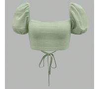 Wywh Maglietta Corta Seno Scoperto Con Maniche Puff In Vacanza, Con Allacciatura In Pizzo Sul Retro Della Maglietta, Texture A Costine, Adatta Per Un Appuntamento Notturno O Una Serata L,M,S,XL,XS,XXL