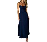 WYYFCBD Vestito Elegante Camisole Solida Lungo Abito Donne Estate Chic Lace Up A Line Abiti Temperamento Festa Casual Vacanze Vestidos Robes-Blu Profondo-l