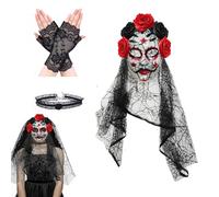 WZBBJuser Maschera Velo Alla Rosa dia los Muertos, Maschera Floreale Del Di Halloween Con Collana Del Giorno Dei Morti Guanti Del Giorno, Costume Dia de los Muertos, per Halloween (Rosso+nero)