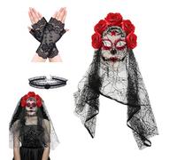 WZBBJuser Maschera Velo Alla Rosa dia los Muertos, Maschera Floreale Del Di Halloween Con Collana Del Giorno Dei Morti Guanti Del Giorno, Costume Dia de los Muertos, per Halloween (nero)