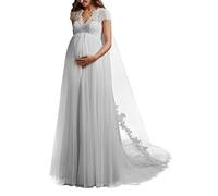 WZEFEIO Abiti da Sposa Abiti da Sposa Lungo A-Line Pizzo Moda da Sposa Civil Office Dresses Principessa Grandi Taglie per Le Donne Incinte, Bianco, 50