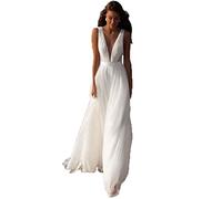 WZEFEIO Abito da Sposa, Abito da Sposa della Spiaggia, Senza Maniche Mermaid Backless Doppio Scollo a V Vestito, Bianco, 2