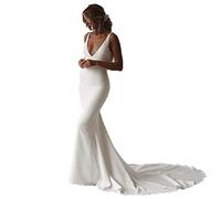 WZEFEIO Abito da Sposa, Chiffon Scollo a V Abito da Sposa, Backless Abito da Sposa, Abiti da Damigella di Sirena, Bianco, 6