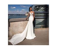 WZEFEIO Abito da Sposa con Scollo a V delle Donne, Senza Maniche in Pizzo Abito da Sera, Bianco, 8