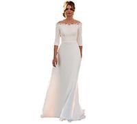 WZEFEIO Vintage Abito da Sposa, 3/4 Maniche Abito da Sposa Fuori Spalla in Raso Abito da Sposa con Cerniera Posteriore, Bianco, 20 Large Sizes