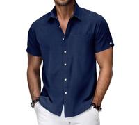WZMYDBD Camicia Uomo in Cotone E Lino Camicia Uomo Maniche Corte Regular Fit con Taschino Leggero E Traspirante La Spiaggia Camicie Estiva con Collo Button-Down Le Vacanze E Il Lavoro