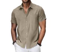 WZMYDBD Camicia Uomo in Cotone E Lino Camicia Uomo Maniche Corte Regular Fit con Taschino Leggero E Traspirante La Spiaggia Camicie Estiva con Collo Button-Down Le Vacanze E Il Lavoro