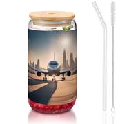 WZYCWB aeroplano di atterraggio 16 once coperchio di bambù tazza di vetro tazza di vetro tazze da caffè ghiacciato carino tazze da tè ghiacciato tazze da birra ideali per accessori bar caffè regali