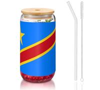 WZYCWB Bandiera del Congo 16oz bambù coperchio paglia tazza di vetro tazze da caffè ghiacciato carino tazze da tè ghiacciato tazze da birra tazze ideali per caffè bar accessori regali estetici