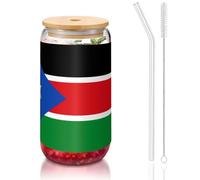 WZYCWB Bandiera del Sud Sudan 16oz bambù coperchio paglia tazza di vetro tazze da caffè ghiacciato carino tazze da tè freddo tazze da birra tazze ideali per caffè bar accessori regali estetici