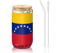 WZYCWB Bandiera del Venezuela 16 once coperchio di bambù tazza di vetro tazza di vetro tazze da caffè ghiacciato carino tazze da tè freddo tazze da birra ideali per accessori bar caffè regali estetici