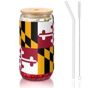 WZYCWB Bandiera dello Stato del Maryland 16oz coperchio di bambù tazza di vetro tazza di vetro tazze da caffè ghiacciato carino tazze da tè ghiacciato tazze da birra ideali per accessori bar caffè