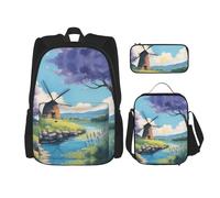 WZYCWB Beautiful River Windmill Set zaino (set da 3 pezzi) - borsa per la scuola per studenti + astuccio + borsa per il pranzo, zaino di grande capacità