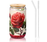 WZYCWB Bel bicchiere con coperchio in bambù stampato con rose per caffè freddo e caldo, tè al latte e birra. Un elegante bicchiere d'acqua.