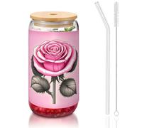 WZYCWB Belle rose rosa 16 once bambù coperchio paglia tazza di vetro tazze da caffè ghiacciato carino tazze da tè ghiacciato tazze da birra ideali per accessori bar caffè regali estetici
