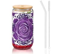 WZYCWB belle rose viola 16 once coperchio di bambù tazza di vetro tazza di vetro tazze da caffè ghiacciate carine tazze da tè ghiacciate tazze da birra ideali per accessori bar caffè regali estetici