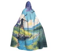 WZYCWB Bellissimo mantello con cappuccio per Halloween con mulino a vento sul fiume, un elegante mantello per adulti perfetto per carnevale, feste a tema e feste in maschera.