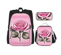 WZYCWB Bellissimo set di 3 zaini rosa con rose - borsa per la scuola per studenti + astuccio + borsa per il pranzo, zaino di grande capacità