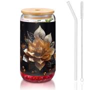 WZYCWB Bianco delicato fiore di loto 16 once bambù coperchio paglia tazza di vetro tazze da caffè ghiacciato carino tazze da tè ghiacciato tazze da birra ideali per accessori bar caffè regali estetici