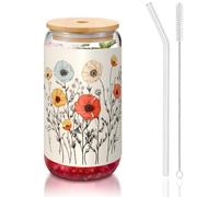 WZYCWB Bicchiere con coperchio in bambù stampato a forma di fiore lineare per caffè freddo e caldo, tè al latte e birra. Un elegante bicchiere d'acqua.