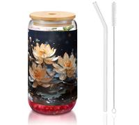 WZYCWB Bicchiere con coperchio in bambù stampato con fiore di loto bianco bohémien per caffè freddo e caldo, tè al latte e birra. Un elegante bicchiere d'acqua.