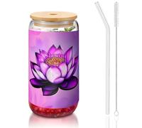 WZYCWB Bicchiere con coperchio in bambù stampato con fiore di loto viola per caffè freddo e caldo, tè al latte e birra. Un elegante bicchiere d'acqua.