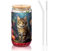 WZYCWB Bicchiere con coperchio in bambù stampato con gattini per caffè freddo e caldo, tè al latte e birra. Un elegante bicchiere d'acqua.