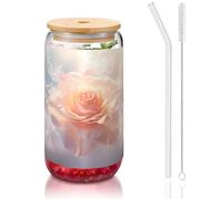 WZYCWB Bicchiere con coperchio in bambù stampato con rose bianche magiche per caffè freddo e caldo, tè al latte e birra. Un elegante bicchiere d'acqua.