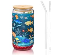 WZYCWB Blu mondo sottomarino di pesce 16 once coperchio di bambù tazza di vetro tazza di vetro tazze da caffè ghiacciato carino tazze da tè ghiacciato tazze da birra ideali per accessori bar caffè