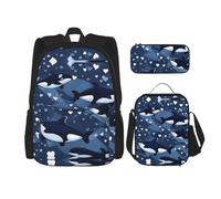 WZYCWB Blue Killer Whale Set zaino (set da 3 pezzi) - borsa per la scuola per studenti + astuccio + borsa per il pranzo, zaino di grande capacità