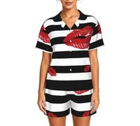 WZYCWB Bocca rossa stampata a righe bianche e nere Set pigiama da donna a maniche corte - Set da salotto cardigan morbido e traspirante, Nero , S-6XL