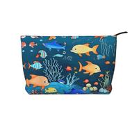 WZYCWB Borsa cosmetica blu subacquea in velluto a coste con mondo dei pesci, borsa da donna portatile con cerniera, adatta per viaggi e conservazione quotidiana, cosmetici