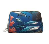 WZYCWB Borsa cosmetica del cuoio del corallo dello squalo sottomarino con le tasche, borsa cosmetica portatile di viaggio, borsa cosmetica di grande