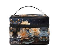 WZYCWB Borsa cosmetica grande da donna, con fiore di loto bianco bohémien, portatile, di grande capacità, borsa cosmetica da viaggio per ragazze, nera, taglia unica, nera, taglia unica, Nero , Taglia