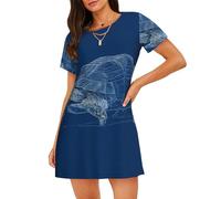WZYCWB Camicia da notte a maniche corte da donna a righe blu con stampa tartaruga marina, perfetta per un abbigliamento rilassante per la casa, Nero , L