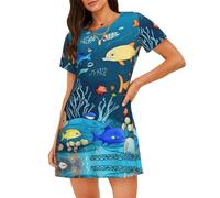 WZYCWB Camicia da notte a maniche corte da donna blu subacquea con stampa mondo dei pesci, perfetta per un abbigliamento rilassato in casa, Nero , M