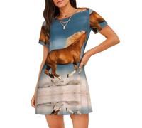 WZYCWB Camicia da notte da donna a maniche corte con stampa cavallo rosso che corre, perfetta per un abbigliamento rilassato per la casa, Nero , M