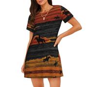 WZYCWB Camicia da notte da donna a maniche corte con stampa cavallo tramonto, perfetta per un abbigliamento rilassante per la casa, Nero , XL