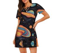 WZYCWB Camicia da notte da donna a maniche corte con stampa colorata Planet Series, perfetta per un abbigliamento rilassato in casa, Nero , XXL