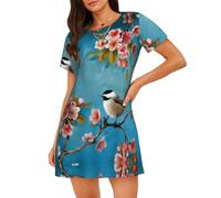 WZYCWB Camicia da notte da donna a maniche corte con stampa di fiori e uccelli e farfalle, perfetta per un abbigliamento rilassante per la casa, Nero , XL