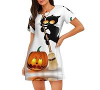 WZYCWB Camicia da notte da donna a maniche corte con stampa di gatti neri e zucca, perfetta per un abbigliamento rilassante per la casa, Nero , S