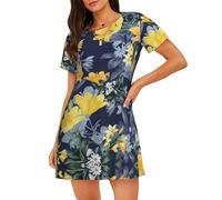 WZYCWB Camicia da notte da donna a maniche corte con stampa floreale gialla con base blu, perfetta per un abbigliamento rilassato per la casa, Nero , 3XL