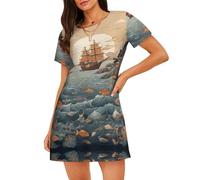 WZYCWB Camicia da notte da donna a maniche corte con stampa montagne e mari, perfetta per un abbigliamento rilassato per la casa, Nero , S