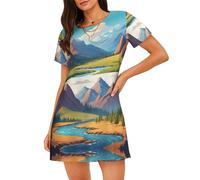 WZYCWB Camicia da notte da donna a maniche corte con stampa paesaggi naturali, perfetta per un abbigliamento rilassato in casa, Nero , M