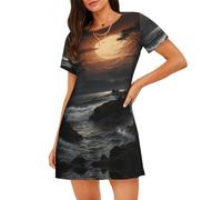 WZYCWB Camicia da notte da donna a maniche corte con stampa paesaggio tramonto, perfetta per un abbigliamento rilassato per la casa, Nero , S