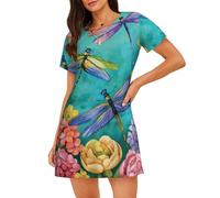WZYCWB Camicia da notte da donna a maniche corte con stampa primaverile con libellula, perfetta per un abbigliamento rilassato per la casa, Nero , L