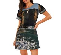 WZYCWB Camicia da notte da donna a maniche corte con stampa scogliera, perfetta per un abbigliamento rilassato in casa, Nero , L