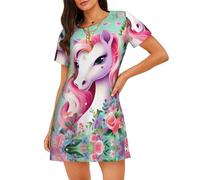 WZYCWB Camicia da notte da donna a maniche corte con stampa unicorno, perfetta per un abbigliamento rilassato in casa, Nero , XXL